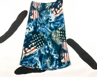 90s / y2k Allover American Flag and Snake Print Midi Skirt / Wavy Hem / Bias Cut / Patriotic / 00s / Medium / Cyber / Club Kid / M / Delias