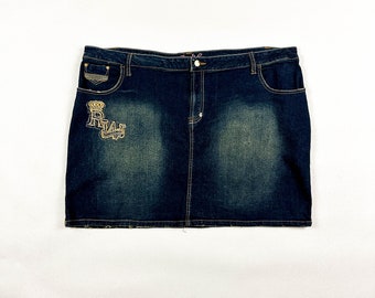 y2k Roca Wear Denim Mini Skirt / XXL / Plus Size / Patch Logo / Applique / Pathwork Pockets / Size 24 / Distressed Denim / 00s / Bratz /