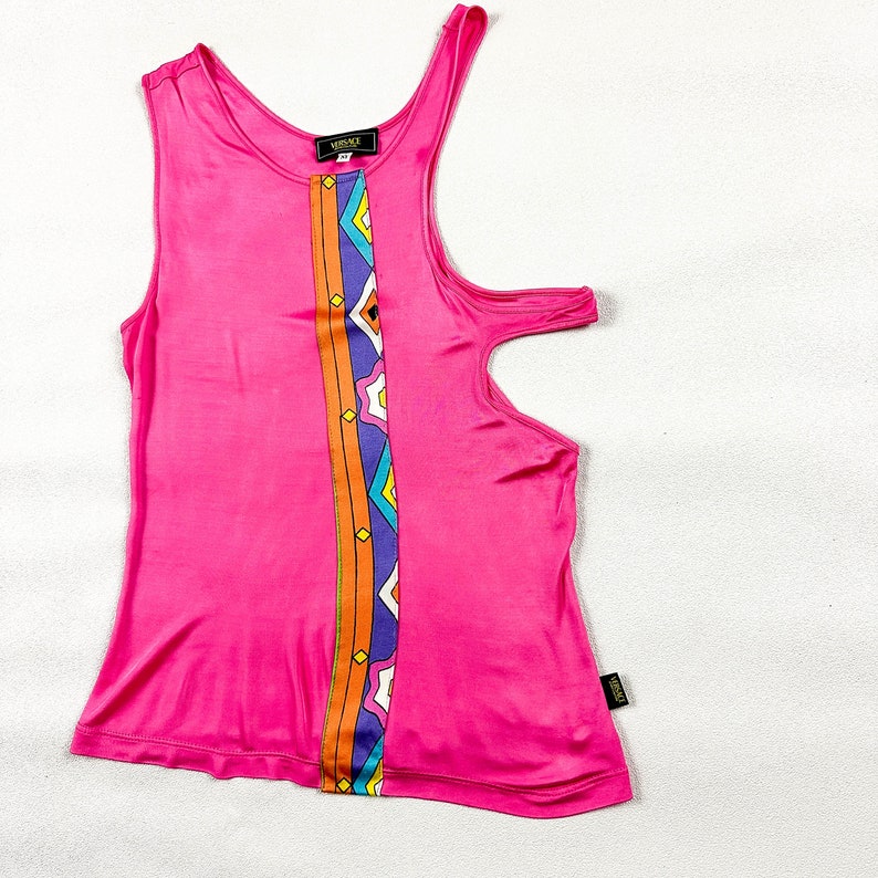 y2k Versace Jeans Couture Bright Pink Cut Out Tank Top / Neon Print / Tropical / Beach / Medium / 00s / Side Boob / Strappy / Bratz / Rave image 2