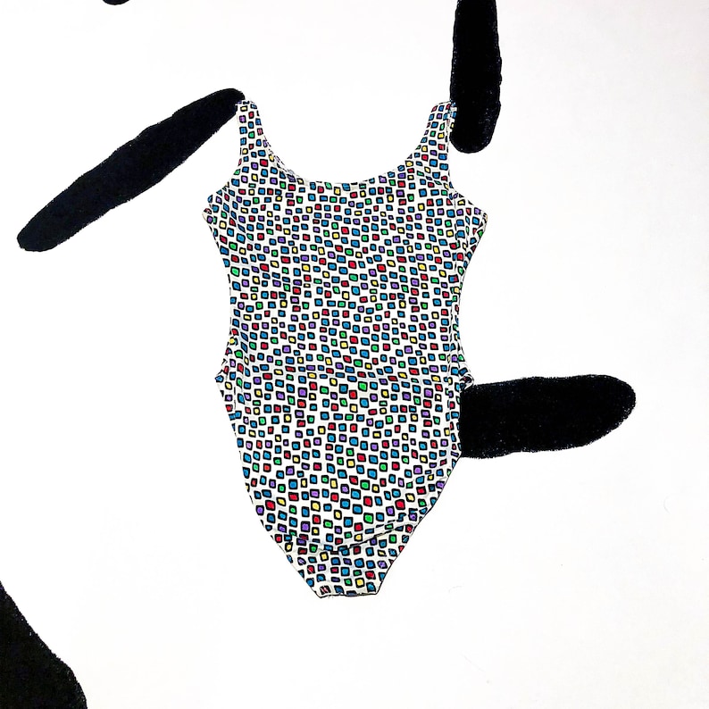 80s 90s Rainbow Square Dot Swimsuit Bodysuit Movers Made in USA Medium Leotard Body Pop Art New Wave Allover Print M