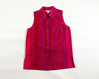 y2k / 1990s Raw Silk Pink Gradient Button Down Sleeveless Shirt / Real Clothes / Saks Fifth Ave / Iridescent / Color Shift / Medium / Purple