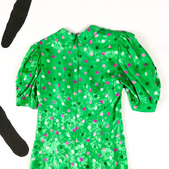 1980s Louis Feraud Green and Pink Silk Floral Dot Dre… - Gem