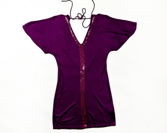 y2k Purple Low Back Mini Dress / Deep V / Small / Ties / 00s / Paris / Fluttery / S / 90s / Club / AX / Armani Exchange / Grape / Sequins