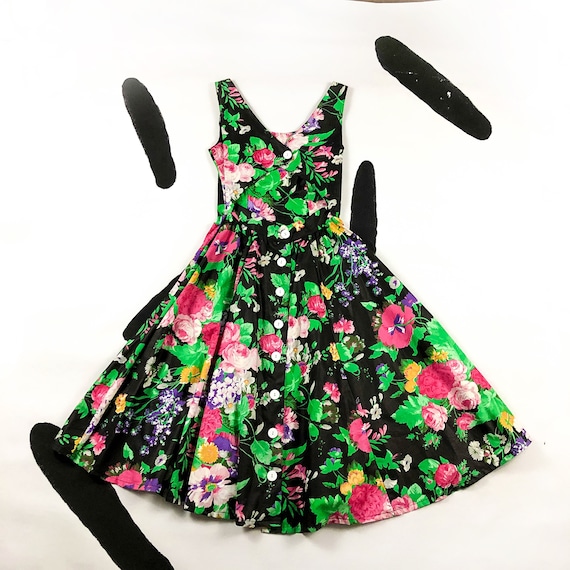 80s Black Floral Cotton Open Back Fit and Flare D… - image 5