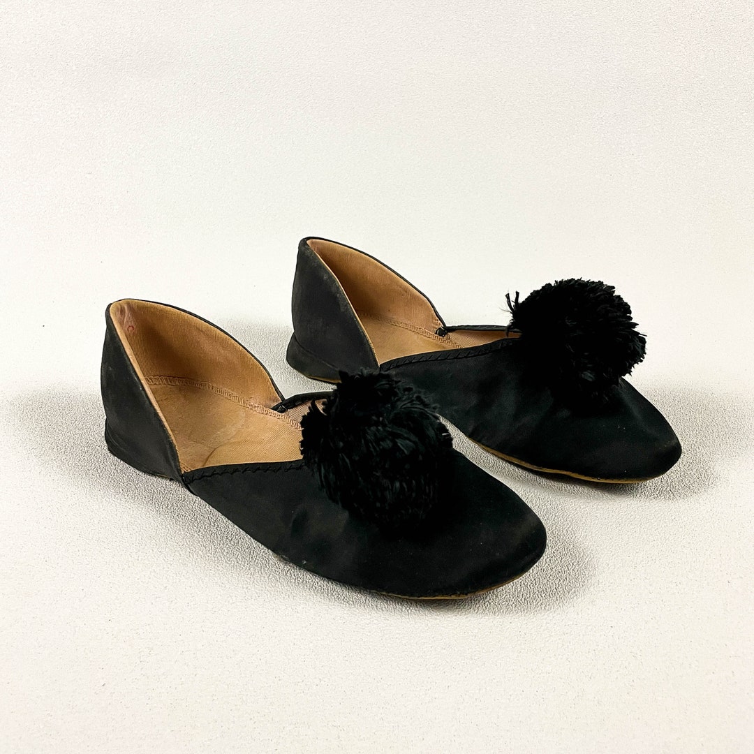1920s / 1930s Black Satin Slippers With Pom Poms / Puffs / Puff Balls ...