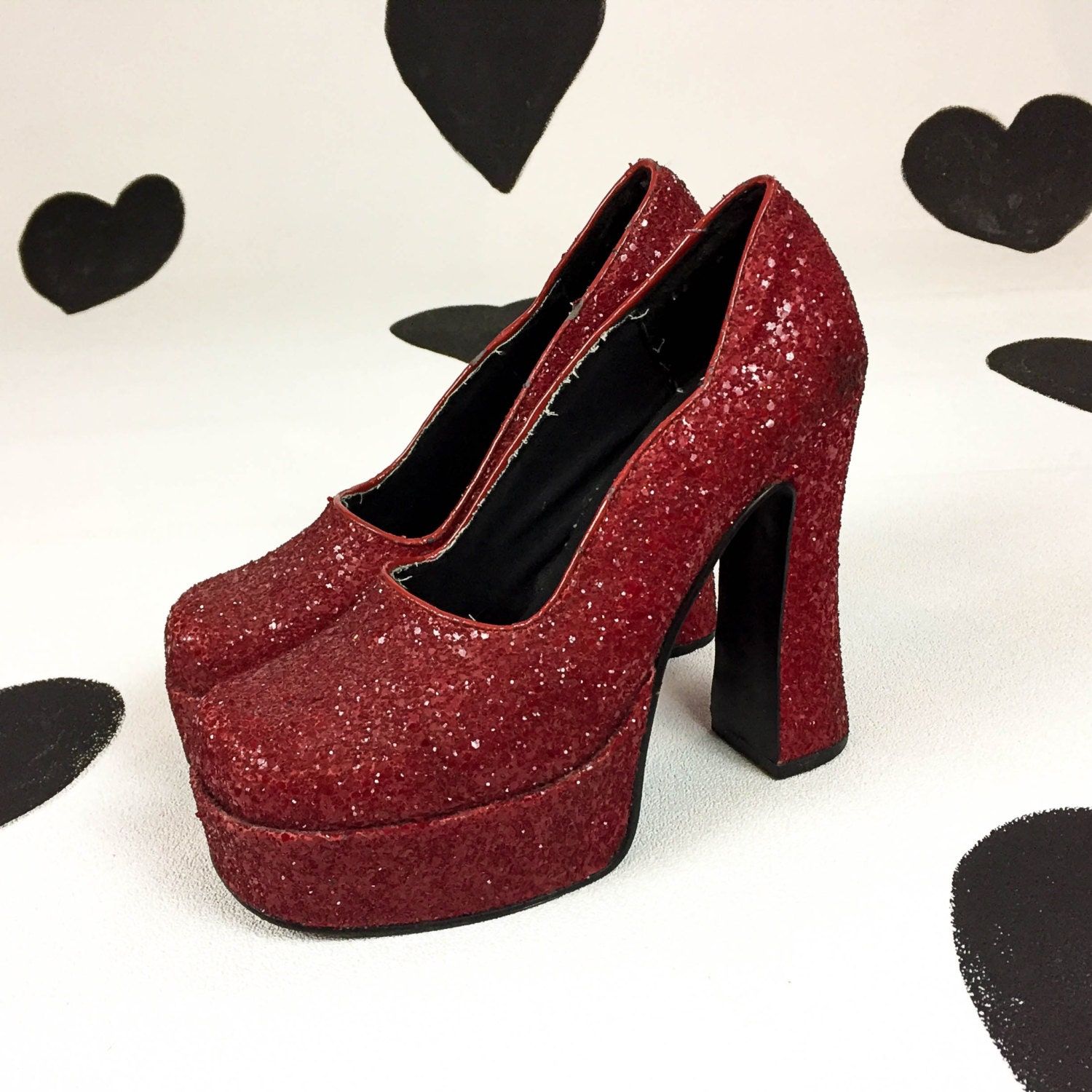 red glitter platform heels