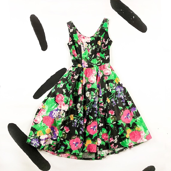 80s Black Floral Cotton Open Back Fit and Flare D… - image 1