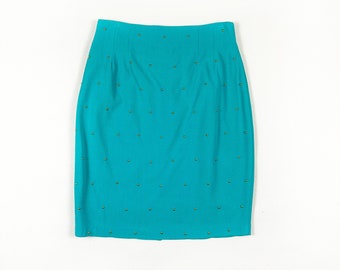 1980s / 1990s Turquoise Pencil Skirt with Gold Dome Studs / Size M / 29 Waist / Large / Studded / Dots / Polka Dot / Early 90s / Knee Length