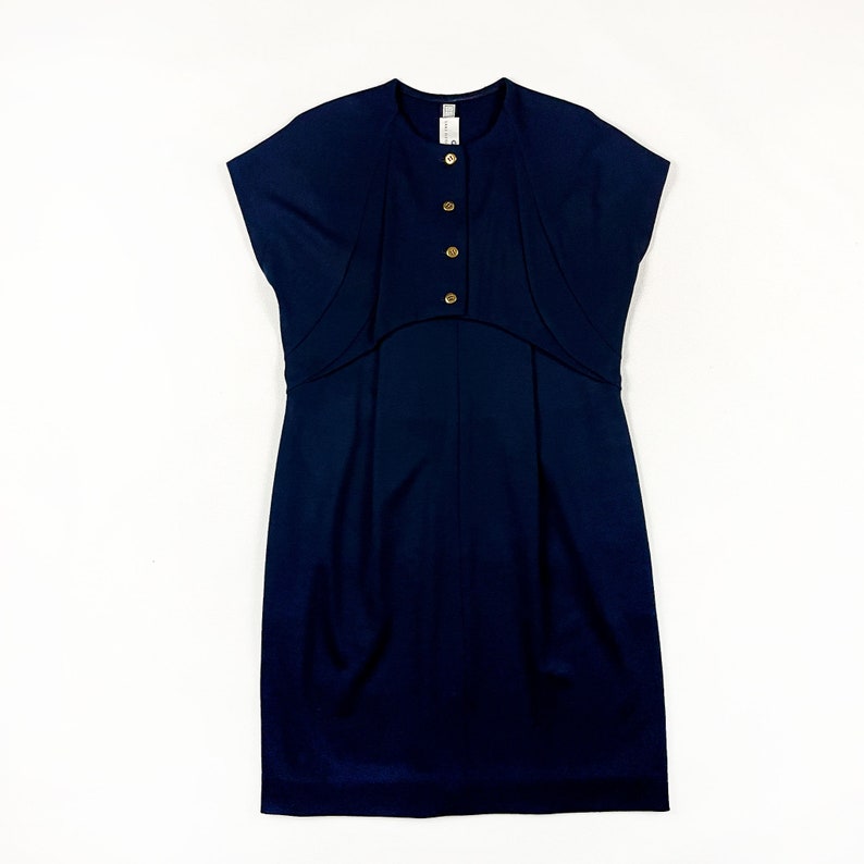 80s Geoffrey Beene Navy Blue Minimal Short Sleeve Shift Dress / Large / Cocoon / Gold Buttons / Faux Vest / Saks Fifth Ave / Square Tag / image 2
