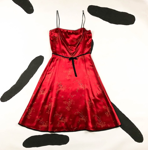 90s Red Floral Brocade Satin Fit And Flare Spaghetti Strap Dress / Size 7 / Rampage / y2k / 00s / Medium / Clueless / Circle Skirt /