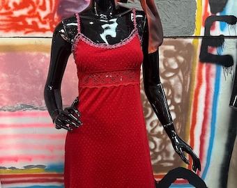 Vintage Betsey Johnson Red Swiss Dot Mesh Lace Ribbon Strap Dress Large Velvet / Slip Dress / Grunge / 1990s / Micromesh / USA / See Through