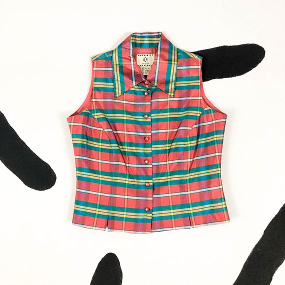 90s Pastel Plaid Silk Button Down Tank Top / Colla