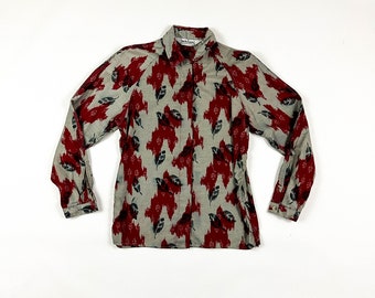 1990s Diane Von Furstenberg Gray and Red Abstract Leaf Print Blouse / Size 12 / Placket / 1980s / Bold Print / Oxblood / Brushstroke / M