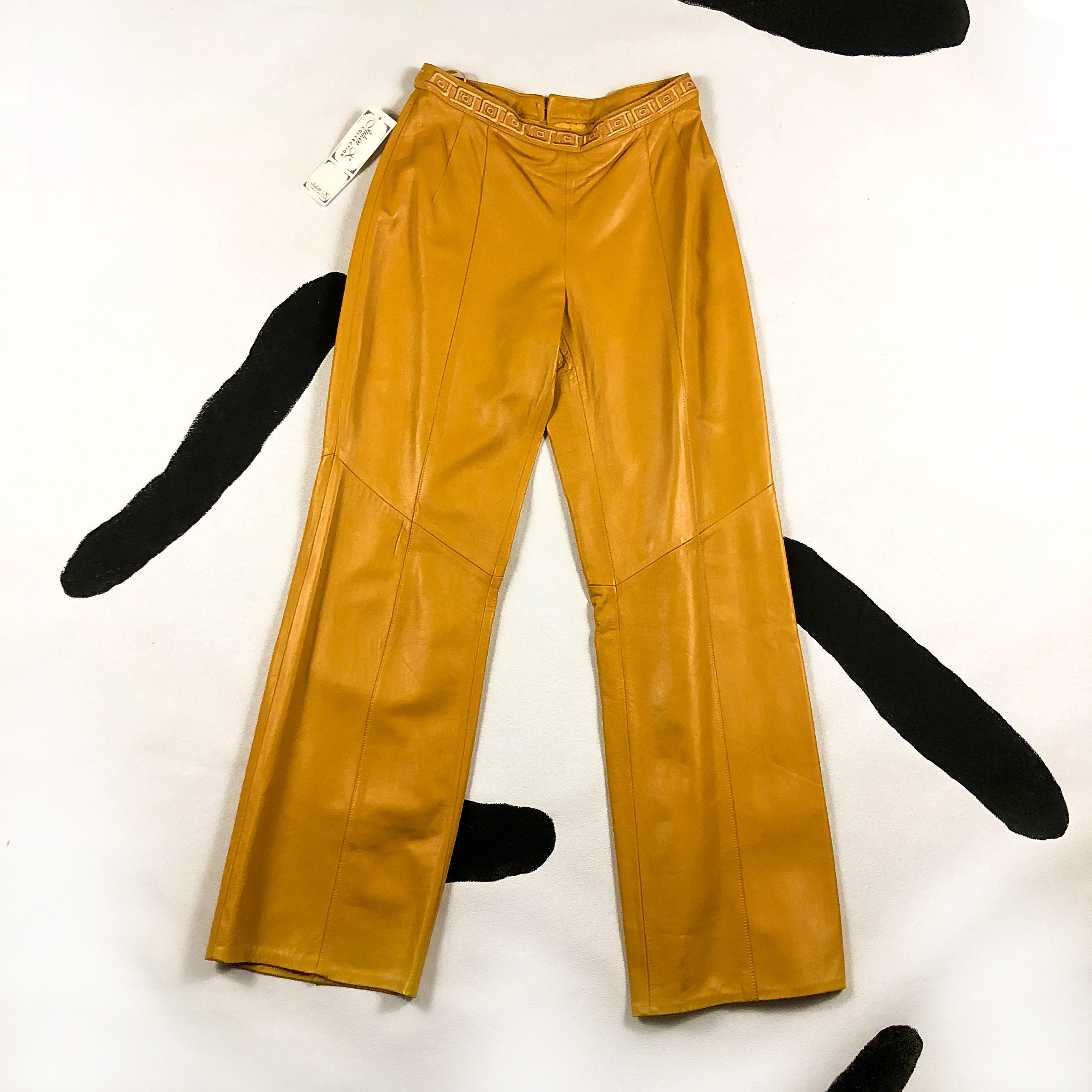 90s Mustard Yellow Leather Pants / Wide Leg / Greek Key / Embroidered / Y2K / Soft / Buttery / Deadstock / Size 10 / Sunflower / Waistband