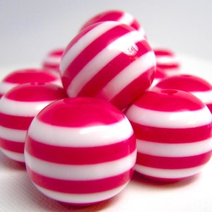 12 chunky striped beads, bubblegum beads, HOT PINK and White, 20mm