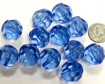 Fourth of July BLUE Chunky Beads, 12 Royal Blue Bubblegum Beads, 12 Faceted Round Beads, Acrylic Craft Beads, 24mm