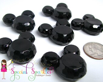 Black Mickey Mouse Beads, 2 to 12 Count, Bubblegum Beads BLACK Faceted Acrylic Mickey Beads, 34mm x 37mm, Low Shipping, Best Deal!