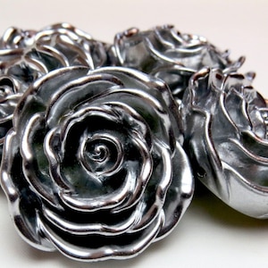 Chunky Beads, 1 - 6 flower beads, HUGE 48mm, SILVER resin rose bubblegum beads, big silver rose beads, rose beads, huge silver flower beads