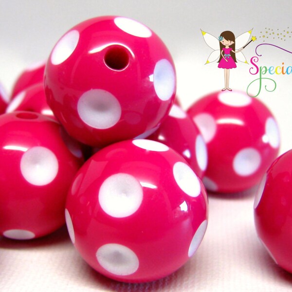 12 Hot Pink and White Polka Dot Bubblegum Beads, 20mm, Minnie Mouse Beads