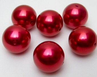 Big Pearls, 6 Huge Pearls, RED Color Pearls, 6 Faux Pearls, SIX Huge Round Imitation Pearls 30mm Bubblegum Beads, RED Faux Pearls