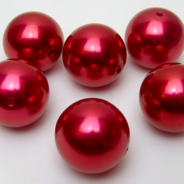 Big Pearls, 6 Huge Pearls, RED Color Pearls, 6 Faux Pearls, SIX Huge Round Imitation Pearls 30mm Bubblegum Beads, RED Faux Pearls