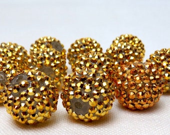 12 Gold Rhinestone Beads, 12 Gold Bubblegum Beads, 20mm Gold Sparkling Beads, Chunky Gold Beads, Gold Bumpy Beads, Gold Beads