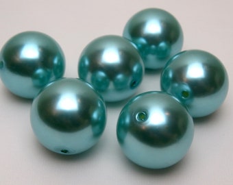 Big Pearls, 6 Huge Pearls, AQUA Color Pearls, 6 Faux Pearls, SIX Huge Round Imitation Pearls 30mm Bubblegum Beads, Aqua Faux Pearls