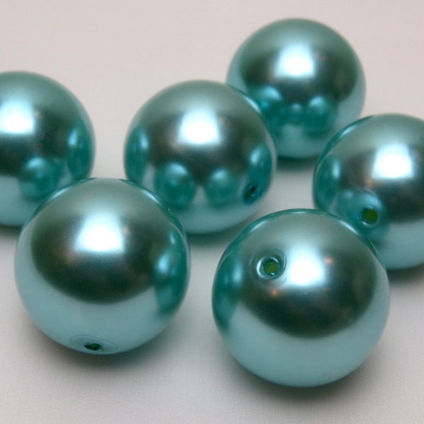 Big Pearls, 6 Huge Pearls, AQUA Color Pearls, 6 Faux Pearls, SIX Huge Round Imitation Pearls 30mm Bubblegum Beads, Aqua Faux Pearls