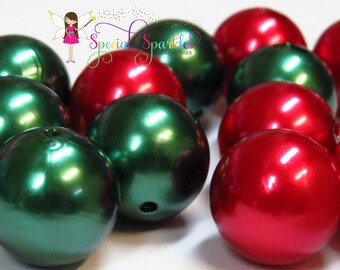 RED GREEN Christmas PEARLS Mix, 12, 18, or 24 Christmas Red or Green or Mix, 25mm Round Imitation Pearls, Bubblegum Beads