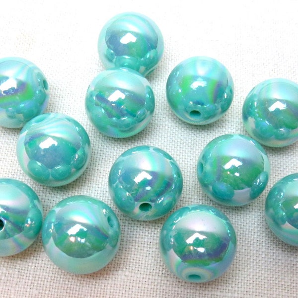 12 AQUA Shiny Beads, Round Plated Beads, 20mm Bubblegum Beads, Soft AQUA Chunky Beads, AQUA Blue Plated Shiny Bubblegum Beads