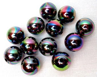 12 BLACK Shiny Beads, Round Plated Beads, 20mm Bubblegum Beads, BLACK Chunky Beads, BLACK Plated Shiny Bubblegum Beads