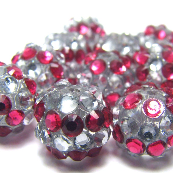 12 SMALL Red and Silver Striped Rhinestone Beads Sparkling Bling Resin Balls NEW SIZE 14mm