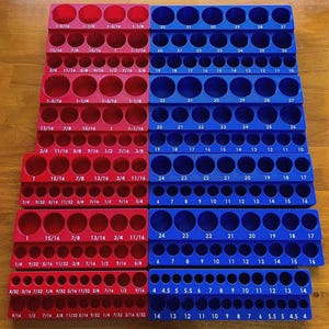 Juego de bandejas para llaves de vaso Quinn Master Set, base magnética (tamaño cromado), organizadores métricos/SAE poco profundos/profundos (juego de 10 piezas)