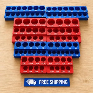 May include: A collection of blue and red plastic socket organizers with printed numerical labels for metric and imperial sizes. The blue units feature numbers 8 through 24, while the red units display fractional sizes from 5/16 to 1-1/4 inches.