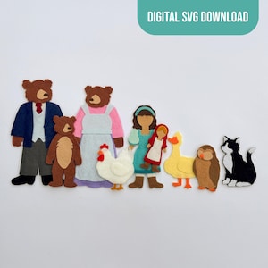 May include: A digital SVG download featuring felt-style cutouts of two bears in clothing, a person in a teal dress holding a doll, a white chicken, a yellow duck, a brown owl, and a black and white cat arranged on a plain white background.