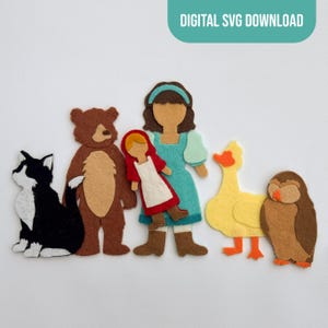 May include: A set of felt-style cutouts featuring a black and white cat, a brown bear, a person in a teal dress holding a small doll with a red cape, a yellow duck, and a brown owl. The image includes the text DIGITAL SVG DOWNLOAD at the top.
