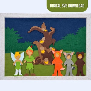 May include: A felt craft scene featuring a fairy with white wings, a character in a green tunic, and three figures in animal costumes—an orange fox, a gray raccoon, and a brown bear—standing before a large brown tree against a dark blue sky.