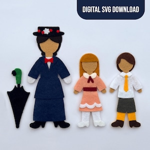 May include: A set of four felt-like cutouts including a black umbrella with a green handle, a figure in a navy blue coat and hat with red accents, a figure in a peach dress with a red bow, and a figure in a white shirt with a yellow tie and dark shorts.