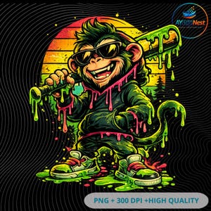 May include: A cartoon illustration of a monkey wearing sunglasses and a hoodie, holding a baseball bat. The monkey is green with pink and green dripping accents. The background features a sunset and a black, wavy pattern.