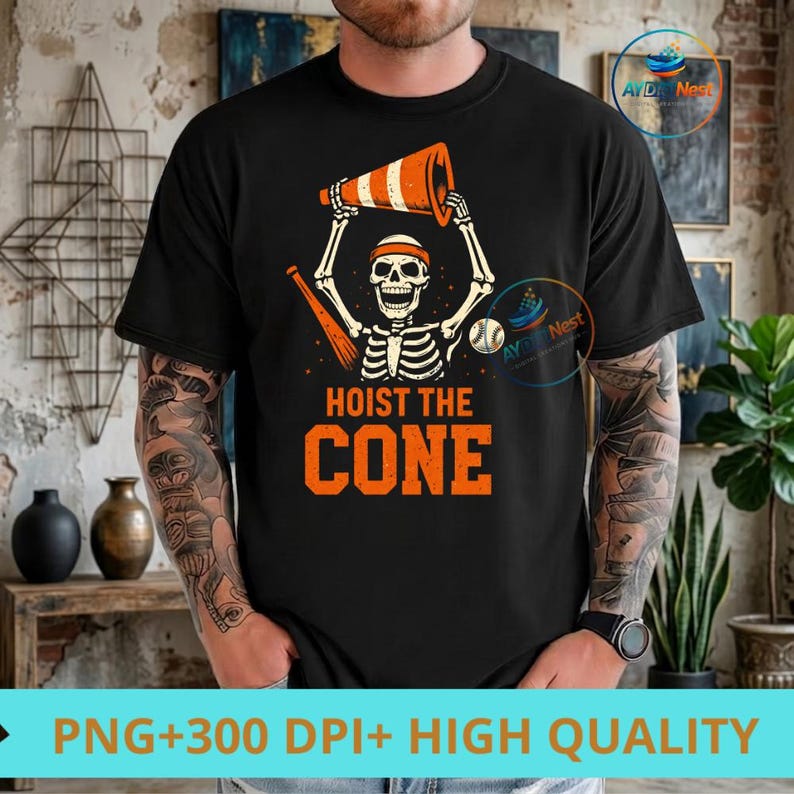 May include: Black t-shirt with a skeleton graphic holding a traffic cone, baseball bat, and baseball. The text "HOIST THE CONE" is in orange. The image also includes the text "PNG+300 DPI+ HIGH QUALITY".