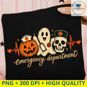 May include: A black t-shirt featuring a graphic of a jack-o'-lantern, a ghost with a stethoscope, and a skull, all wearing nurse caps. The design includes a red heartbeat line with hearts and the text "emergency department" in orange.