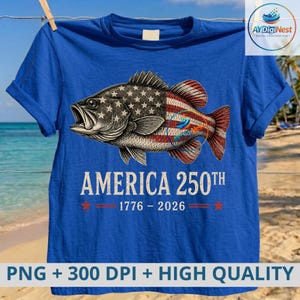 250 år Amerika 1776 2026 Fiske USA-flaggan 250-årsdag PNG: Patriotiskt fiskearv png Tvåhundraårsfirande (digital nedladdning)