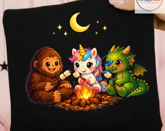 Cute Bigfoot Unicorn Dragon Campfire Camping PNG: Fantasy Adventure Camper png Wilderness Clipart (Digital Download)