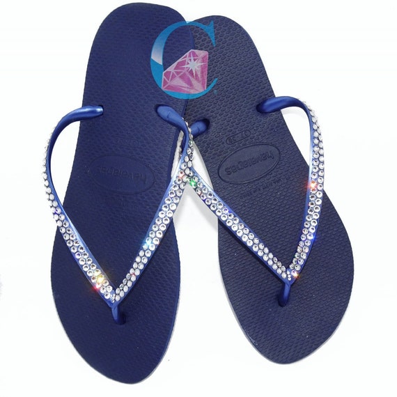 navy bling flip flops