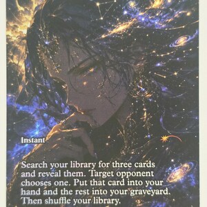 May include: A rectangular trading card titled Intuition featuring a dark, cosmic illustration of a person with flowing hair intertwined with glowing stars, galaxies, and nebulae in shades of deep blue, purple, and gold, with game text printed below.