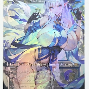 May include: A holographic trading card with a fantasy illustration of a female character with long white hair and blue accents. The card is labelled "Illustrious Class Aircraft Carrier" and "Grand Arbiter Augustin IV."