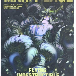 May include: A Magic The Gathering card featuring the character Marit Lage. The artwork depicts a creature with tentacles and a humanoid upper body, with the words "FLYING INDESTRUCTIBLE" and "20/20" displayed. The card has a dark background with the text "MARIT LAGE".