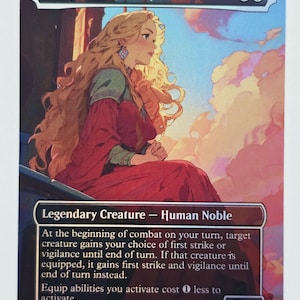 May include: A rectangular trading card titled Eowyn, Lady of Rohan featuring an illustration of a long-haired person in a red dress against a sunset sky. The card includes game text, a 2/4 power and toughness rating, and a mana cost of 2 and one white.