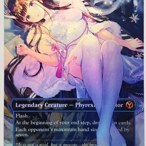 May include: A collectible trading card featuring a female character with long brown hair and a white and blue outfit. The card is labeled "Ixias, Core Augur" and includes text about the character's abilities. The card has a holographic finish.