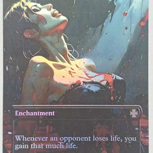 Puede incluir: Una carta de Magic: The Gathering titulada "Exquisite Blood" con una ilustración estilizada de una mujer con marcas parecidas a la sangre. El texto de la carta dice: "Siempre que un oponente pierda vida, ganas esa misma vida."